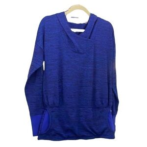 Athleta Heathered Blue Hooded Top Kangaroo Pocket Cross Neck Drop Waist Size S
